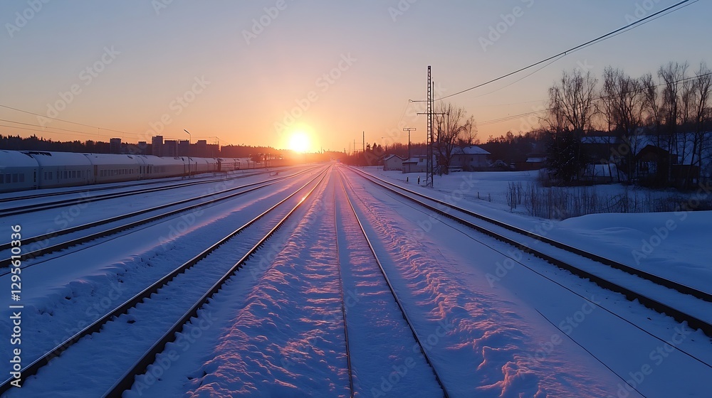 Poster A mesmerizing winter sunset over snowcovered railway tracks creating a tranquil atmosphere : Generative AI