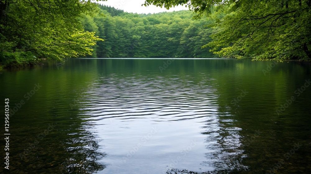 Poster peaceful lake view surrounded by green trees and hills reflecting in calm water under a cloudy sky :