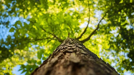 Fototapeta premium Beautiful perspective view of a towering tree surrounded by lush green leaves and bright blue sky : Generative AI