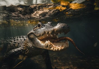 Fototapeta premium Close-Up Underwater View of Alligator with Open Mouth Capturing Prey in Swamp Environment Surrounded by Aquatic Vegetation and Reflected Light