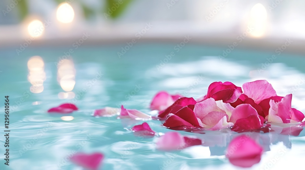 Poster tranquil water with floating rose petals for relaxation and spa atmosphere : generative ai