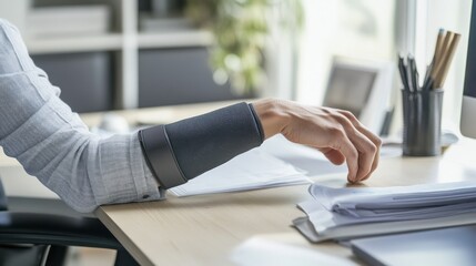 A person using a therapeutic elbow brace while working at a desk. Featuring comfort and recovery