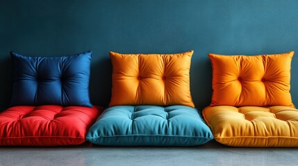Vibrant cushions arranged as playful interior decor items in studio setting