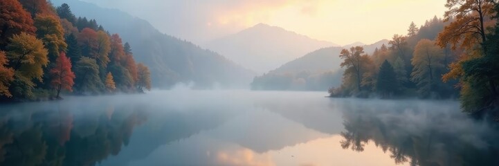 Obraz premium Misty morning, lake shrouded in fog, autumnal colours , muted, mood, outdoor