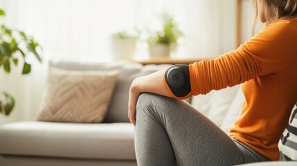 Obraz premium A person using a therapeutic massage gun on their elbow in a bright living room. Featuring pain relief and muscle recovery