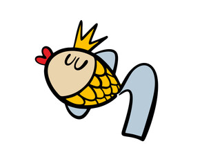 Proud goldfish from a fairy tale. Vector illustration of a marine animal with a crown on its head swimming in the sea and ocean. Isolated funny character on white background.