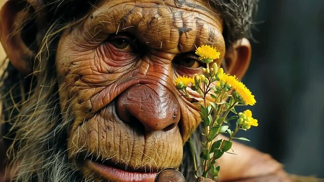 Early existence: displaying prehistoric life focused on primitive man, basic living conditions, and the connection to nature in a time long past.