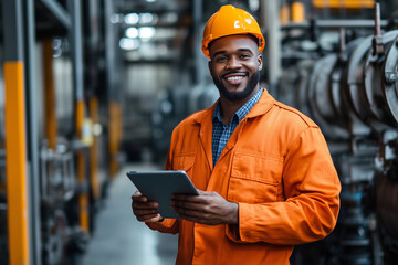 man in an orange safety suit is smiling and holding a tablet. He is happy and content