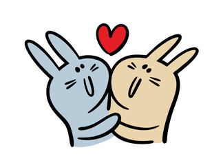 Cute pair of lovesick bunnies hug and kiss. Vector illustration for Valentine's day, furry animals together. Isolated funny character on white background.