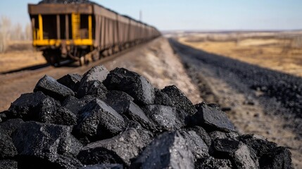 Detailed view of coal piles beside a railway track with loaded coal cars in the distance : Generative AI