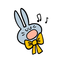 Elegant rabbit with a big bow opens his mouth and sings loudly in  theater on stage. Vector illustration of an animal performing in play or opera. Rabbit is an artist. Isolated funny character.