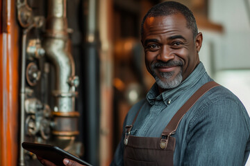 Obraz premium man with a mustache and apron is smiling and holding a tablet. He looks happy and content