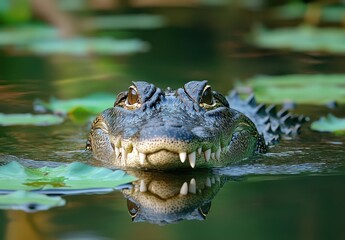 Obraz premium Close-Up View of a Crocodile Emerging from Water Surrounded by Green Lilypads in a Serene Natural Habitat