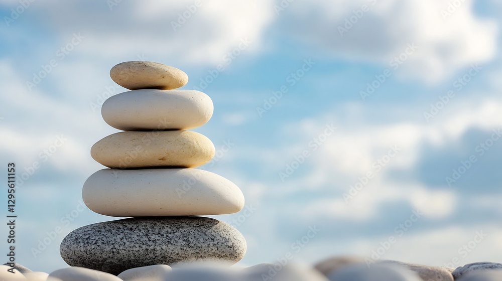Poster Stack of Smooth Pebbles Balanced on Each Other Against a Soft Cloudy Sky : Generative AI
