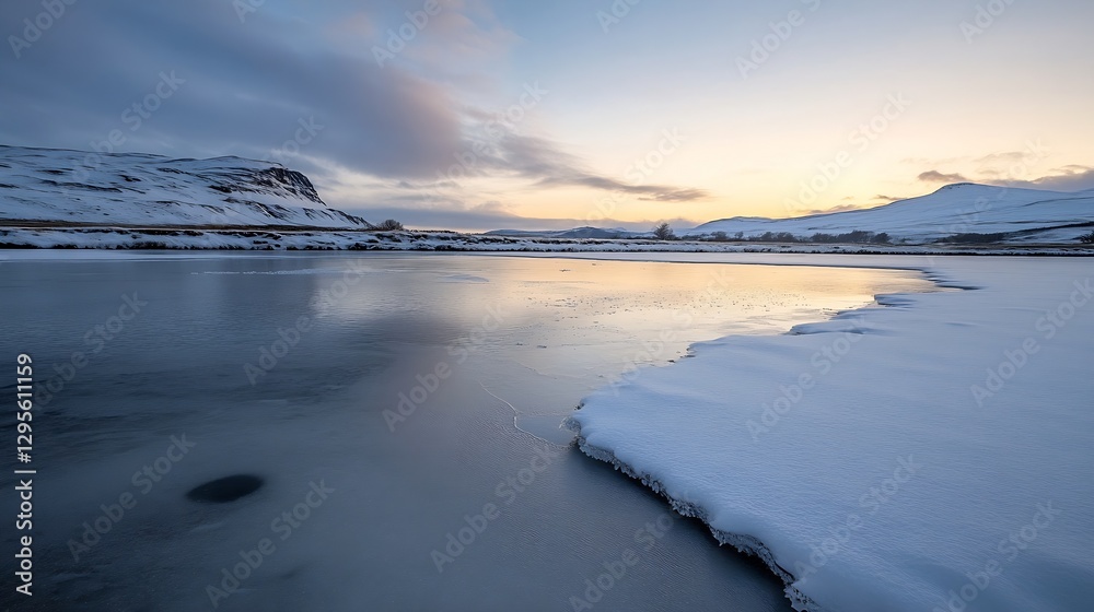 Poster captivating frozen lake with snow and mountains at sunset reflecting beautiful colors in the sky : g