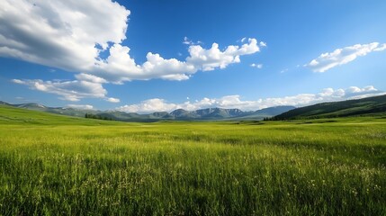 Obraz premium Breathtaking panoramic view of a lush green field against a vibrant blue sky with fluffy white clouds : Generative AI