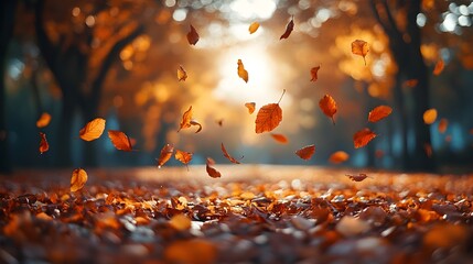 Artistic Capture of Autumn Leaves in a Breezy Park Setting &ndash; Generative AI
