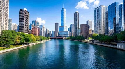 Fototapeta premium Stunning skyline view of a bustling city along a river with modern skyscrapers and greenery : Generative AI