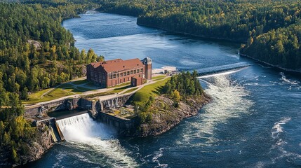 Fototapeta premium Top view of water discharge at a hydroelectric power plant
