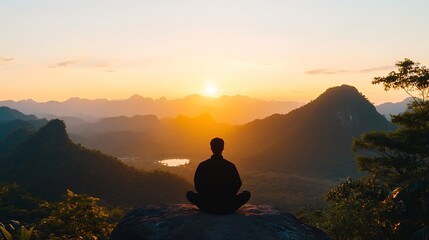 Obraz premium Serene silhouette of a person meditating at sunset over majestic mountains and valleys : Generative AI