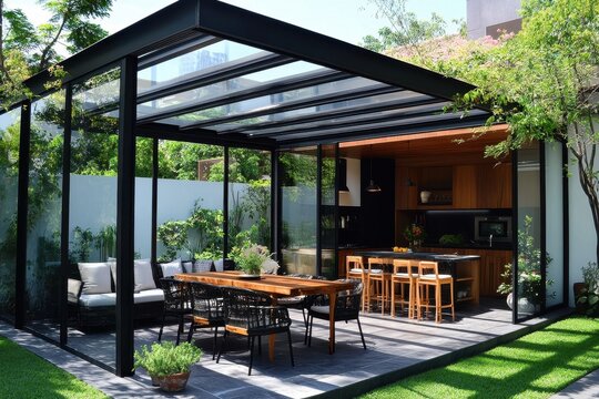 Modern outdoor kitchen with glass roof, stylish furniture, and lush greenery. Perfect for showcasing luxury home design, architecture, and outdoor living concepts.