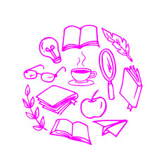 Book line doodle icon set hand drawn. Open library, reading, school education doodle concept icon.