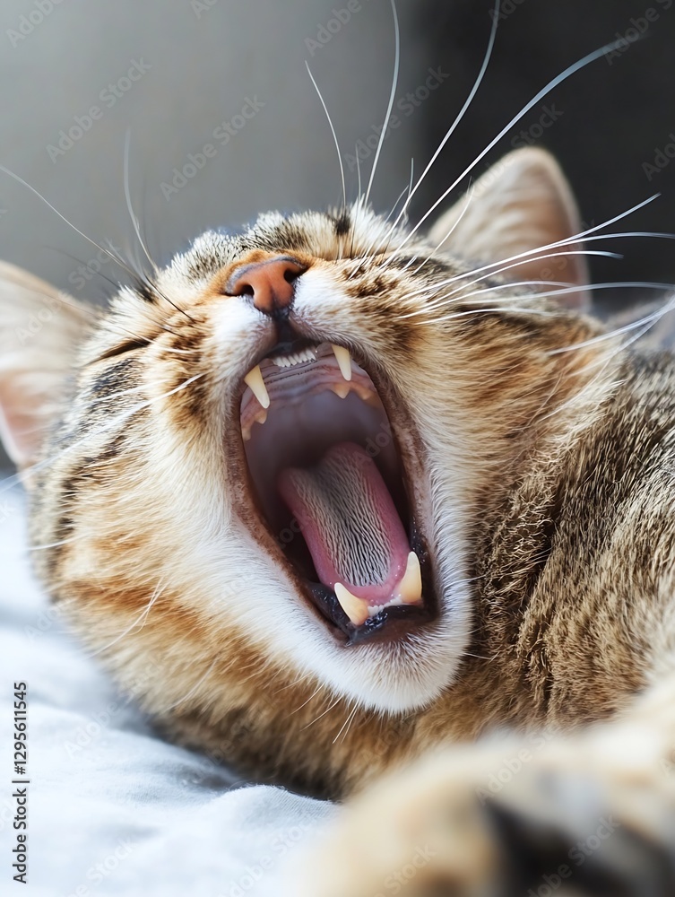 Poster adorable domestic cat yawning widely showcasing its sharp teeth and playful personality : generative