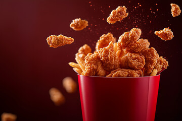 Close up shot of delicious a fried hot crispy chicken served in red bucket.  Crispy chicken and nuggets and wings.  Fried chicken bursting out of bucket.
