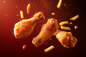 A delicious appetizing image of a crispy fried chicken legs and wings , nuggets and fries floating in the air with tine crispy blurred particle in the red background. Kentucky.