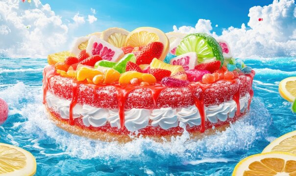 Candy cake floating on ocean waves with fruit, summer fun
