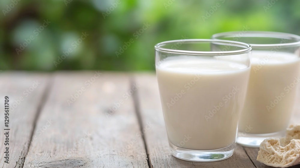 Poster fresh milk served in clear glasses on rustic wooden table surrounded by nature : generative ai