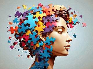 Mind Puzzle &ndash; Surreal Abstract Human Head Made of Colorful Jigsaw Pieces