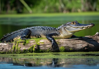 Fototapeta premium Close-Up View of a Crocodile Relaxing on a Log Surrounded by Lush Greenery and Calm Water in a Serene Natural Habitat