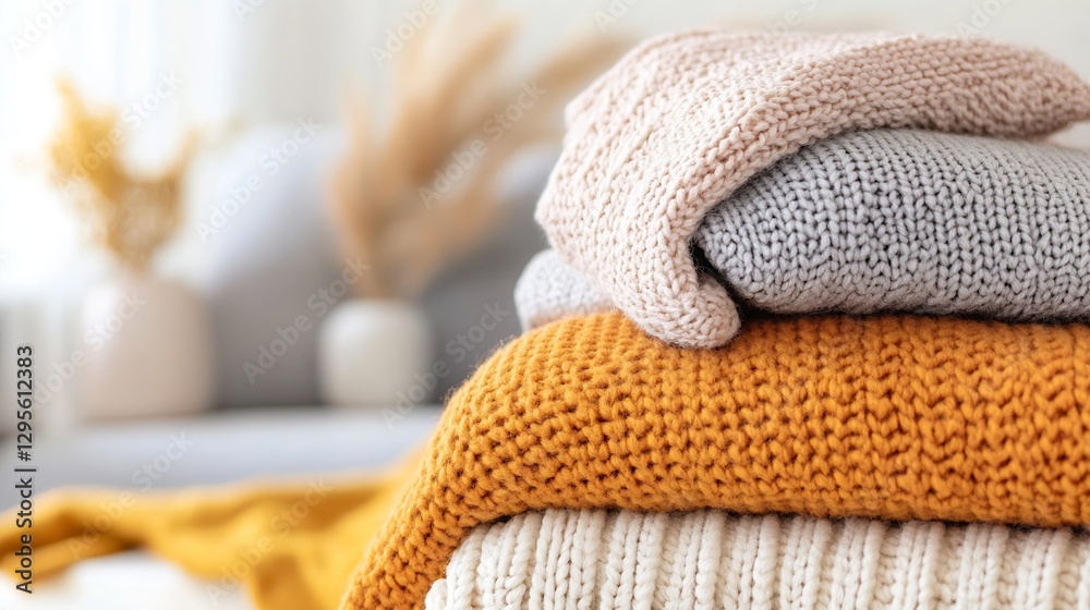 Aufkleber A stack of cozy knitted blankets in various colors creating a warm and inviting atmosphere at home : Generative AI