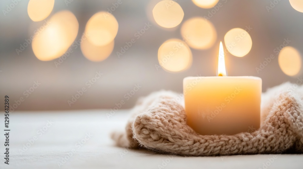 Poster Aromatic Candle with Flame on a Soft Knit Fabric Background Creating Warm Vibes : Generative AI