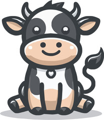 Cute cartoon cow character sitting happily, with a playful expression and a heart-shaped pendant