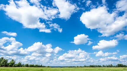 Fototapeta premium Vibrant Blue Sky with Fluffy White Clouds Over Green Landscape in a Sunny Day : Generative AI
