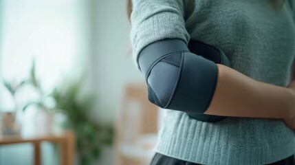 A person using an arm sling after an elbow injury in a quiet home environment. Featuring support and recovery