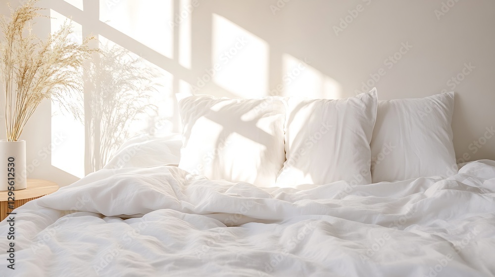 Poster cozy bright bedroom with soft pillows and warm sunlight creating a serene atmosphere : generative ai