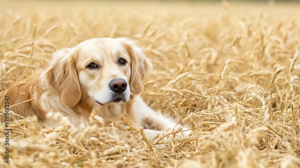 Poster Golden Retriever Dog Relaxing in a Field of Wheat Under the Sun : Generative AI