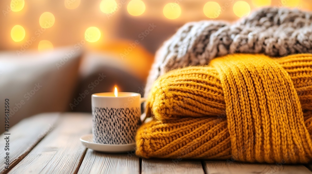 Poster relaxing scene of cozy knit blankets and candle with soft bokeh lights for mood : generative ai