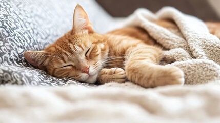 Fototapeta premium Sleepy Ginger Cat Snuggled Under Soft Blanket on Comfortable Bed : Generative AI