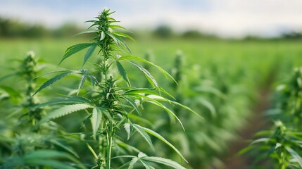 Fototapeta premium Close up of Cannabis Plants Growing in a Lush Green Field Under a Bright Sky : Generative AI