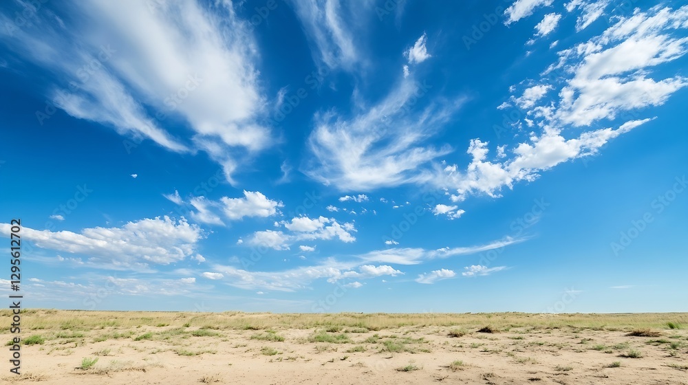 Poster vast open landscape under a bright blue sky marked by fluffy clouds and dry terrain : generative ai