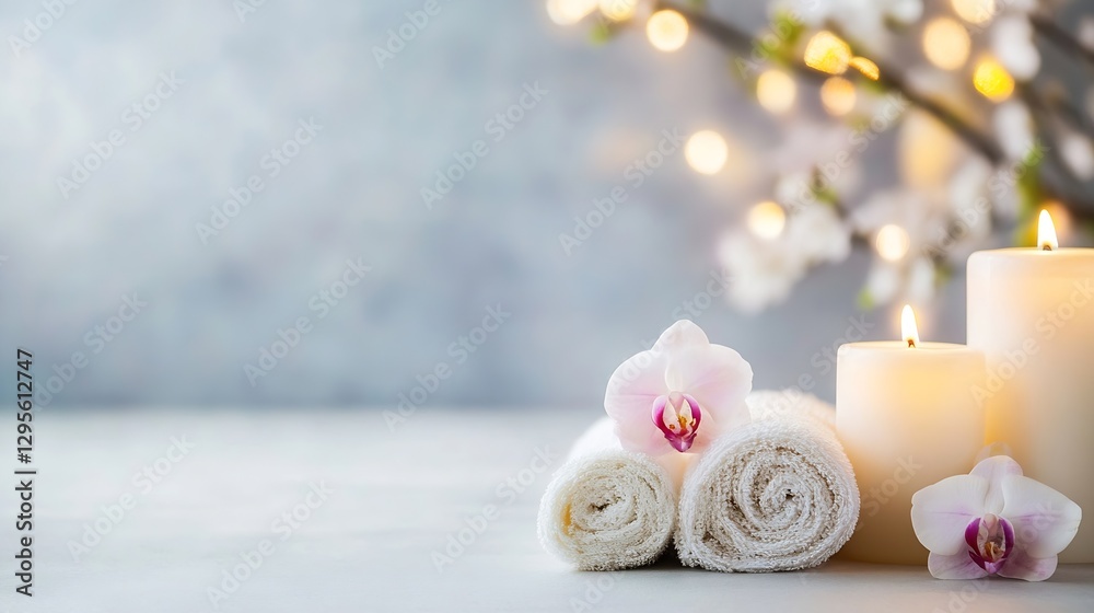 Poster relaxing spa scene with soft towels candles and orchid blossoms in background : generative ai