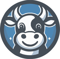 Playful cartoon cow character with a friendly smile set against a blue background