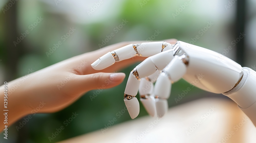 Aufkleber Human hand reaching out to touch an advanced robotic hand symbolizing technology and connection : Generative AI