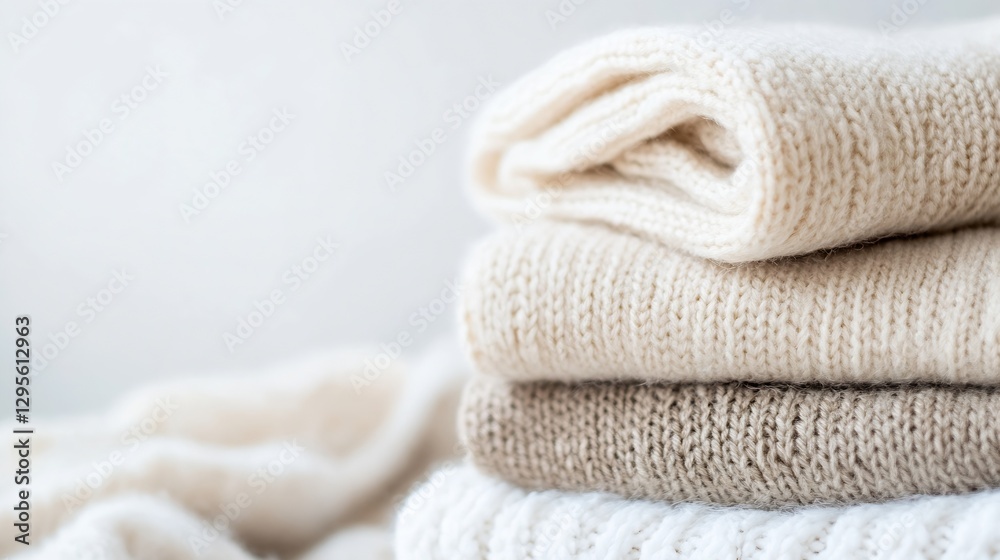 Aufkleber Stack of soft cozy knitted blankets arranged neatly in calming neutral tones : Generative AI