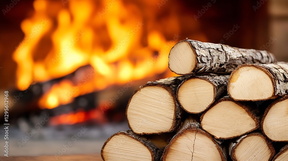 Poster beautifully stacked firewood logs ready for a cozy fireplace setting with a blurred fiery background