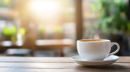 Fototapeta premium Steaming Fresh Coffee Cup on Wooden Table with Natural Morning Light : Generative AI